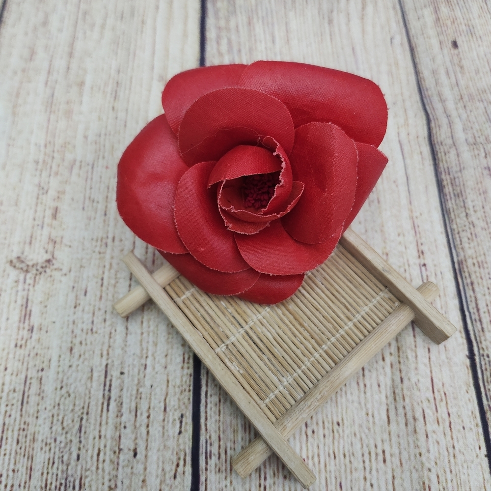 Vintage Chanel Red Fabric Camellia Brooch